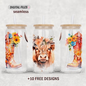 Highland cow 16 oz glass can wrap with cowboys boots, cottagecore sublimation designs, 16 Oz glass can png seamless with flowers