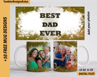 Fathers day mug sublimation design with 2 photo frames Marble mug template 15 oz and 11 oz Best dad ever mug wrap Men mug background for dad