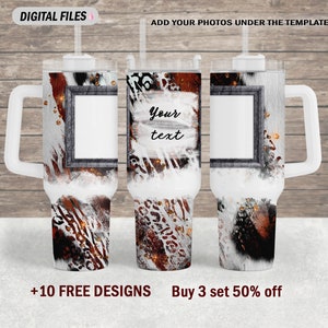 Descargas de envolturas para vasos de piel de vaca de 40 oz con 2 marcos de fotos, archivo PNG para diseño de sublimación, plantilla para vaso Western de 40 oz, envoltura para vaso con imagen