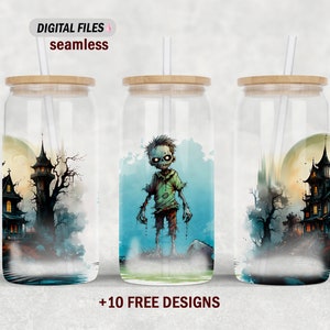 Zombie tumbler wrap for 16 oz glass can sublimation designs, Halloween 16 Oz glass can png file, seamless, 16 Oz tumbler template