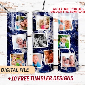 Blue tumbler template with 10 photo frame Png file for sublimation designs 20 Oz skinny tumblers design Marble seamless background png