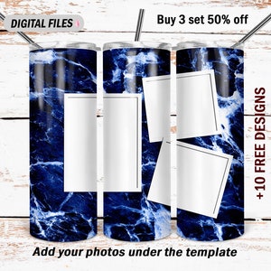 Marmeren bekersjabloon voor 3 foto's Blauwe 20oz beker voor heren naadloos afbeelding beker wrap met 3 fotolijsten png-bestand sublimatieontwerpen