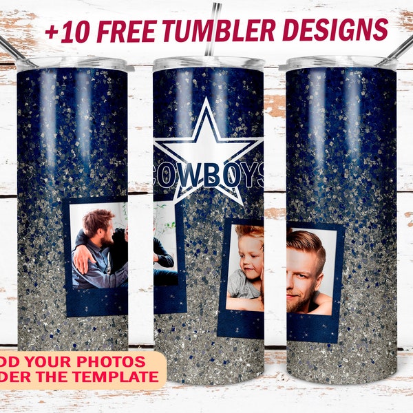 Blue tumbler wrap template for 2 photos Ombre background Png file for sublimation designs Cowboys 20 Oz skinny tumbler wrap
