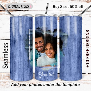 May include: A digital download of a sublimation design for a 20 oz tumbler. The design features a blue woodgrain background with a white frame and a couple's photo. The text "Your text" is included in the design.