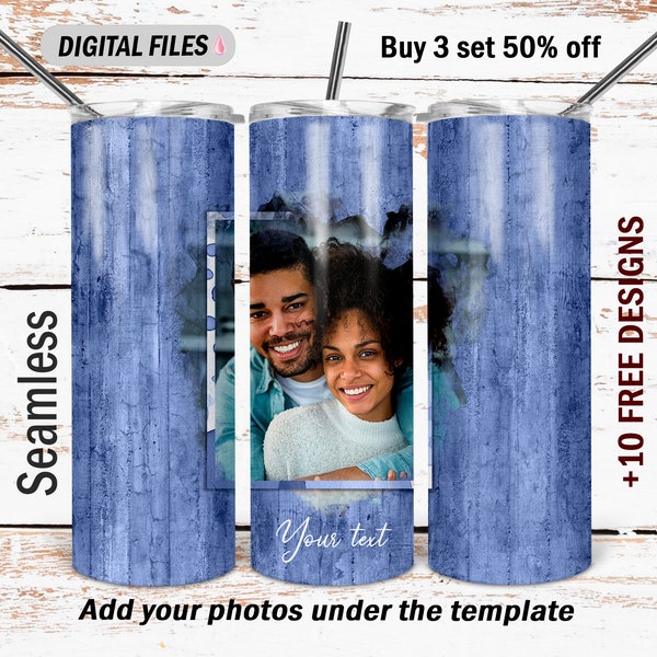 Photo picture tumbler wrap with 1 frame Blue wood tumbler png file for sublimation design 20 Oz skinny tumbler wrap Valentine tumbler design