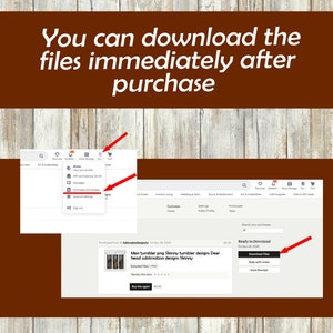 May include: Screenshot of a computer screen showing a purchase confirmation on Etsy. The text "Ready to Download" is highlighted in red. The text "Download Files" is on a blue button. The text "Men tumbler png Skinny tumbler design Deer head sublimation designs Skinny" is visible below the button.