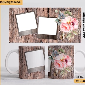Photo mug sublimation design with 2 pictures Flowers mug template 15 oz 11 oz Sublimation designs downloads for coffee cup Wood background