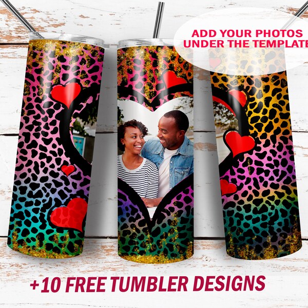 Valentine tumbler wrap Leopard print for sublimation designs Photo tumbler template with heart frame 20 oz skinny cup wrap instant download