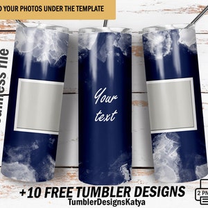May include: Three navy blue tumblers with a white and grey marbled design. Each tumbler has a blank white rectangle for customisation and the words "Your text" in white. The image also includes text that says "+10 FREE TUMBLER DESIGNS".
