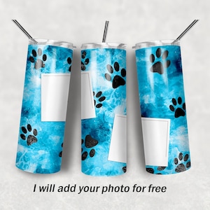 Photo collage tumbler wrap with dog paws, sublimation designs, Blue, seamless background for 20 oz skinny cups, pet memorial