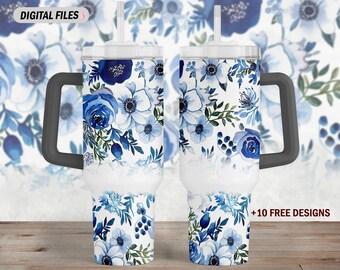 40oz tumbler wrap downloads Floral tumbler png file for sublimation design 40 Oz tumbler template Blue flowers cup wrap digital files