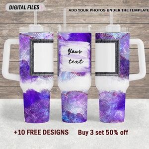 May include: A white tumbler with a purple and white watercolour design. The tumbler has a handle and a lid with a straw. The design includes a frame for a photo or text. The text "Your text" is written on the tumbler.