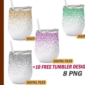 Könnte beinhalten: Set aus vier 12 Unzen Weingläsern mit Glitzer-Design. Die Gläser sind weiß mit goldenem, grünem, violettem und silbernem Glitzer. Die Gläser werden mit Strohhalmen gezeigt. +10 KOSTENLOSE GLÄSER-DESIGN 8 PNG