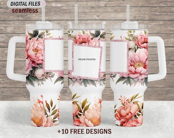 Flowers 40 Oz Quencher tumbler wrap with 3 pink photo frames png for sublimation design Seamless 40 Oz tumbler template Mom tumbler wrap