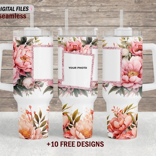 Flowers 40 Oz Quencher tumbler wrap with 3 pink photo frames png for sublimation design Seamless 40 Oz tumbler template Mom tumbler wrap