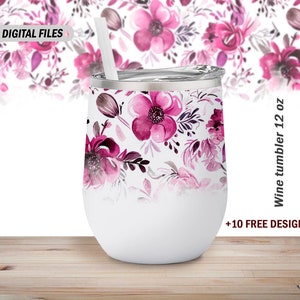 12 Oz wine tumbler wrap with flowers Wedding wine tumbler template designs Png file for sublimation design Burgundy background for wine cups