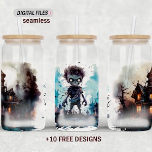 Zombie 16 Oz libbey glass wrap tumbler wrap Halloween 16 oz glass sublimation designs 16 Oz glass can png file seamless tumbler template