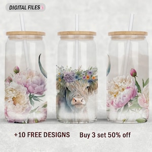 16 Oz libbey glass can wrap with Highland cow sublimation designs  16 oz glass can png file with flowers Seamless tumbler wrap for mom