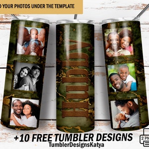 Puede incluir: Un vaso personalizado con un diseño de mármol verde y dorado. El vaso presenta fotos enmarcadas y la palabra "DAD" en una fuente marrón similar al cuero. También es visible el texto "+10 FREE TUMBLER DESIGNS".