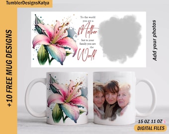 Mother’s day photo mug wrap with 1 photo frame png for sublimation designs Image mug template 15 oz and 11 oz Personalised picture mug wrap