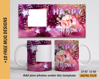 Emballage de tasse photo avec 1 photo, motifs de sublimation de joyeux anniversaire pour l'image Modèle de tasse à café d'anniversaire Mug 15 oz et 11 oz fichiers png