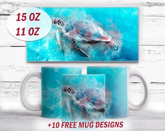 Beach sublimation mugs designs downloads, Sea turtle mug template, Blue background for cups, Mug with turtle png files