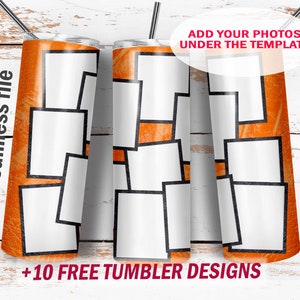 Plantilla para envolver vasos con imágenes para 13 fotos Diseño de vaso naranja Archivo Png para sublimación Fondo sin costuras