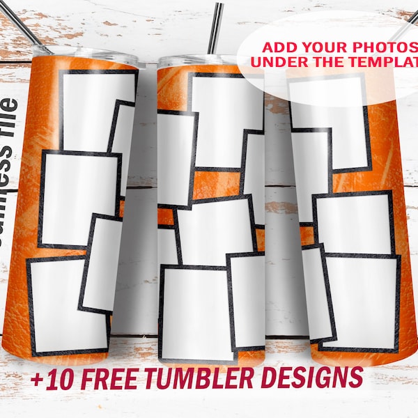 Picture tumbler wrap template for 13 photos Orange tumbler design Png file for sublimation Seamless background