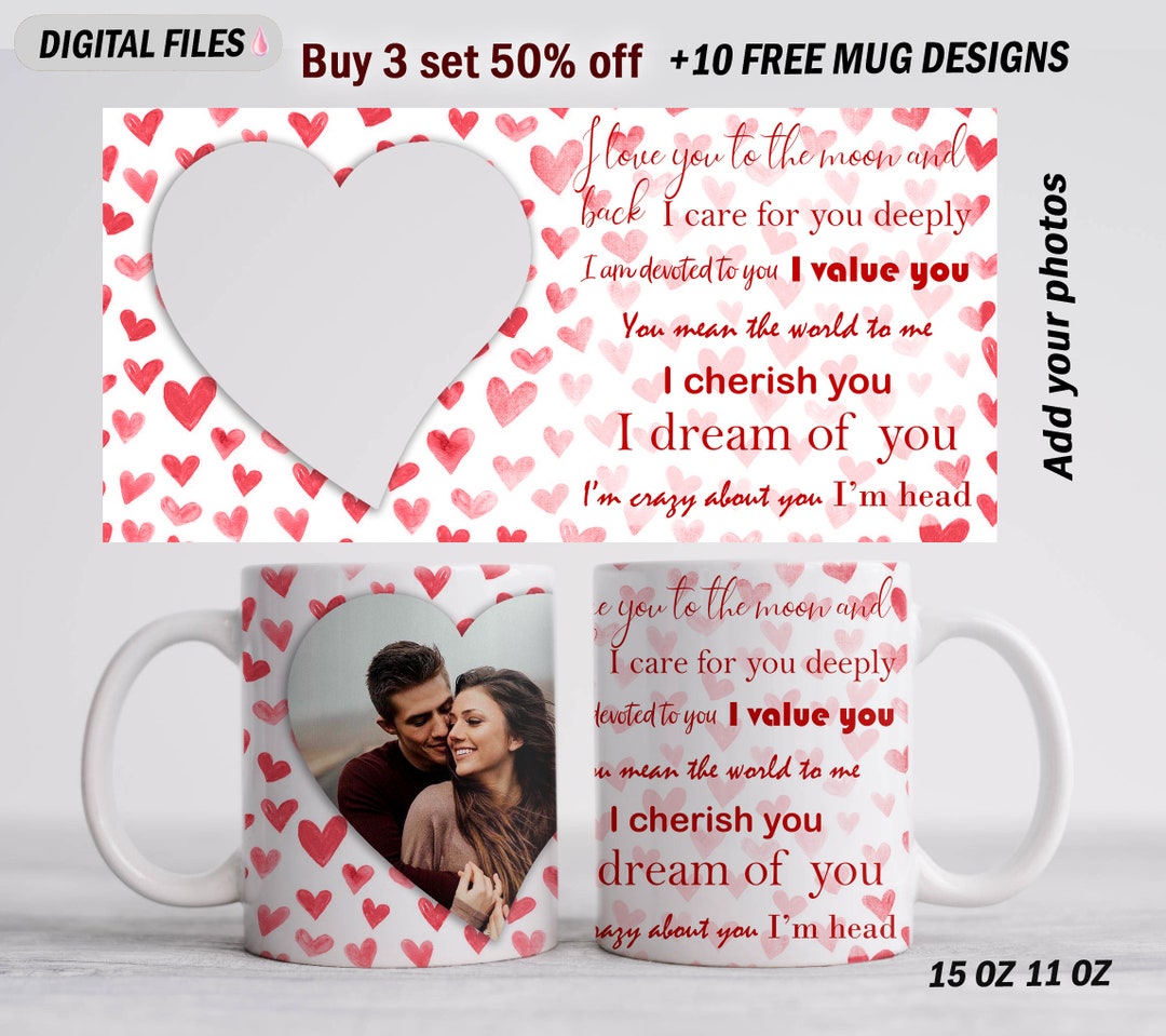 Hearts Mug Wrap With 1 Photo Frame Png File Red Mug Template 15 Oz and ...