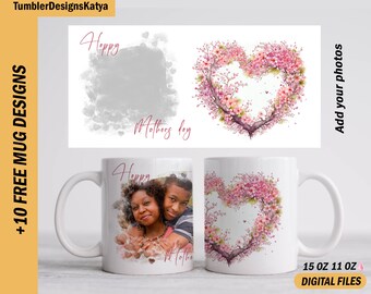 Picture mug sublimation with 1 photo frame  mug template 15 oz and 11 oz Sublimation designs downloads for coffee cup Happy Mother’s day