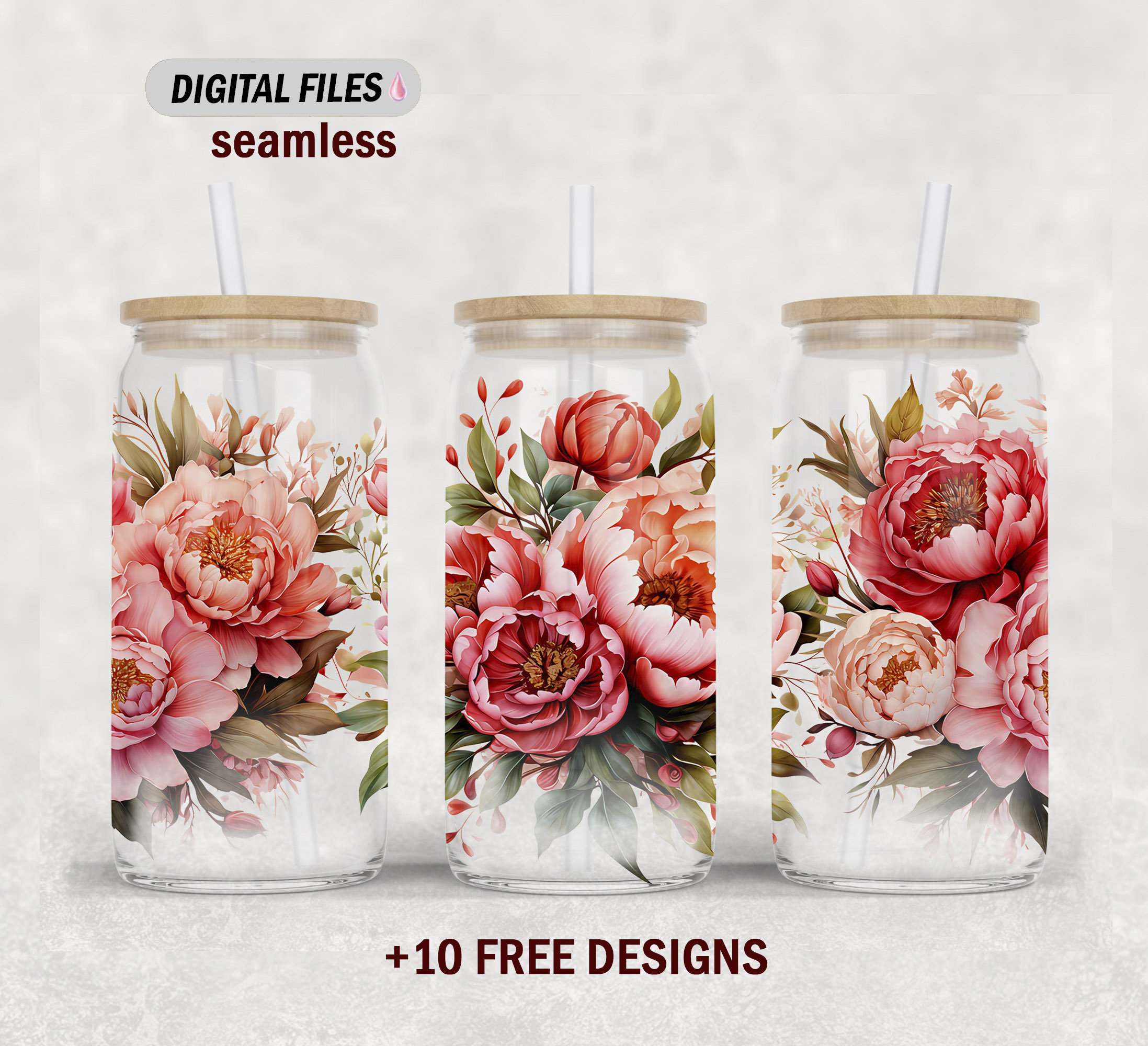 Red Flowers 16 Oz Glass Can Png File for Sublimation Designs 16 Oz ...