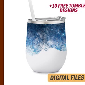 Blue wine tumbler png file for sublimation design Galaxy background 12 Oz wine tumblers template instant downloads Stars wine cup file