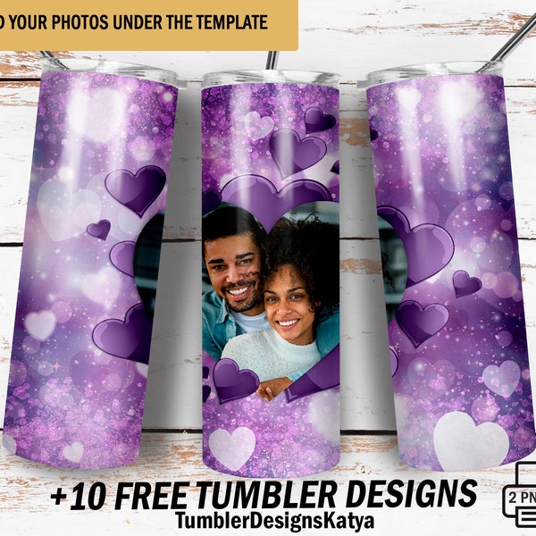 Valentine day 20oz tumbler with photo frame Png file for sublimation designs with hearts Picture tumbler wrap 1 Photo tumbler template