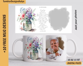 Mothers day mug wrap with 1 photo frame Image mug png files for sublimation designs Photo template for 15 oz and 11 oz mug Sublimation mug