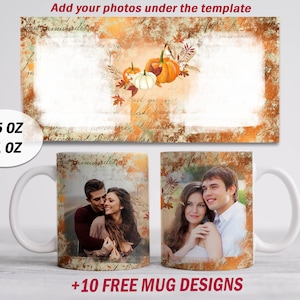 Personalised photo mug wrap, Pumpkin sublimation mug png with 2 frames, Autumn coffee mug template with 2 pictures, 15 oz, 11 oz Mug png