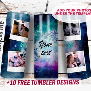 20 Oz skinny tumbler design with 4 photo frames Blue tumbler png file Galaxy tumbler wrap Seamless background Sublimation designs