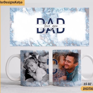 May include: Two white ceramic mugs with a blue marble design. One mug features a photo of a father and daughter, while the other mug features a photo of a father and daughter. The text "DAD love you DAD" is printed on the mug in blue and white.