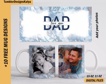 Personalised mug wrap with 2 photos, Fathers day sublimation design for 15oz, 11oz, Picture mug template for coffee cup, gifts for dad