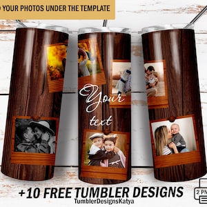Frame photo tumbler template with 5 frames Picture tumbler wrap Brown wood Png file for sublimation designs Family 20oz tumbler wrap png