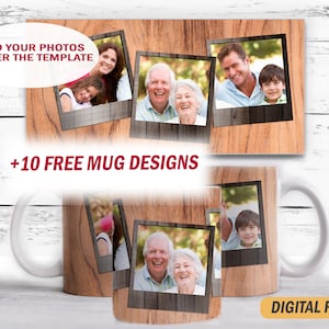 Photo template mug for 15 oz and 11 oz Wood mug wrap with 3 photo frames Sublimation mug png Father&#39;s day coffee mug template with pictures