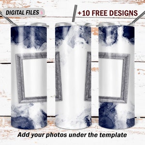 May include: A sublimation design template for a 20 oz tumbler featuring a white background with a blue watercolor design and a gray wood-look frame. The frame is empty and ready for a photo to be added.