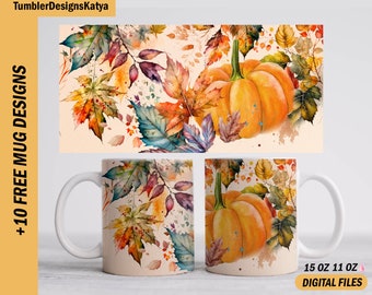 Fall mug wrap png file for sublimation designs, Mug template with pumpkins, Autumn mug design for 15 oz, 11 oz mugs, Orange cup wrap