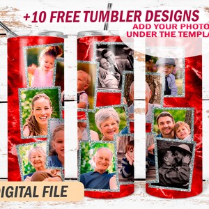 May include: Red and silver glitter tumbler with a collage of photos. The tumbler is seamless and has a digital file download option. The text "+10 FREE TUMBLER DESIGNS ADD YOUR PHOTOS UNDER THE TEMPLATE" is at the top of the image.