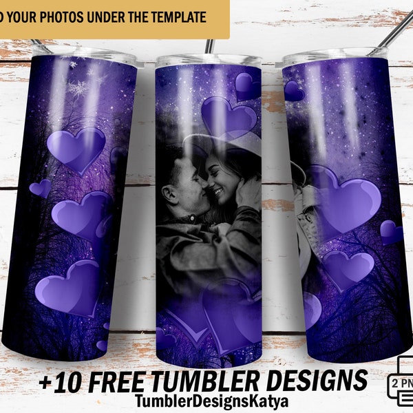 Purple 20 oz skinny tumbler wrap with photo heart frame Picture tumbler template Image tumbler wrap Photo Png file for sublimation designs