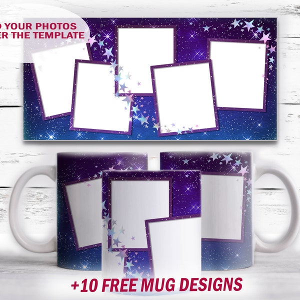 Sublimation mug template with 5 photo frames Galaxy purple background Photo mug downloads Coffee cup png for sublimation design