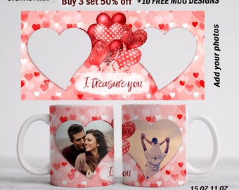 Photo mug wrap with 2 photo frames Valentine’s Day mug sublimation design Red heart mug template 15 oz 11 oz Sublimation designs downloads