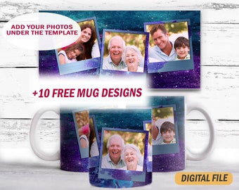 Mug sublimation design with 3 photo frames, Galaxy mug template, 15 oz, 11 oz mug, Sublimation designs for coffee cup, Father's day gifts