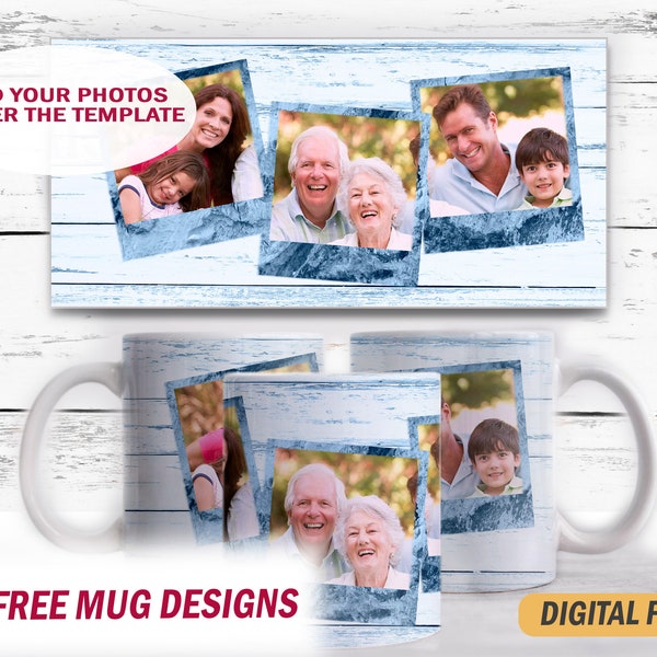 Photo frame template for 15 oz mugs Png files for sublimation designs Blue wood background with 3 photo frames digital downloads