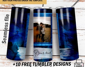 Photo picture tumbler wrap with  frame Png file for sublimation designs Blue 20 Oz skinny tumbler wrap Men tumbler design Instant downloads