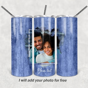 Photo picture tumbler wrap with 1 frame Blue wood tumbler png file for sublimation design 20 Oz skinny tumbler wrap Dad photo tumbler design